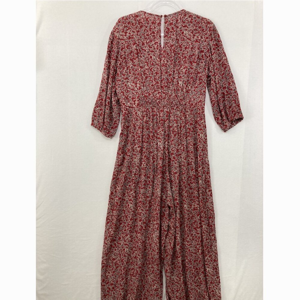 Ba&sh size Medium Red Abstract Floral Ruffle V Neck Wide Leg Cloy Jumpsuit - Picture 11 of 12